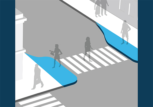 Rendering of a street with curb bump-outs and crosswalk with people walking